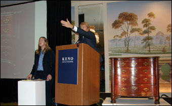 Keno Inaugural Auction May 1-2, 2010 - Leigh Keno selling the James Beekman Chippendale Chippendale Chest of Drawers for a record of $1,428,000 for a New York piece of furniture, from Beekman-Sanders Family.