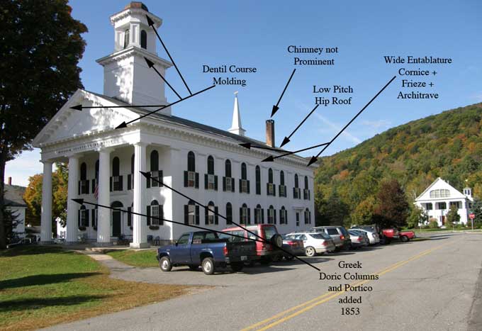 Architectural Styles - Windham County Courthouse, Newfane, Vermont. Built in 1825 as Federal style architecture with four chimneys piercing its roof. The courthouse was modified in 1853 to reflect the Greek Revival style architecture with Greek Doric columns and portico being added. The courthouse was further enlarged at the opposite end in 1907.