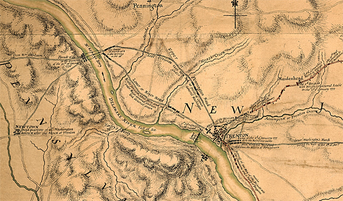 Christmas Night, 1776 - Detail from “Plan of the operations of General Washington against the King’s troops in New Jersey, from the 26th of December 1776 to the 3d of January 1777,” c. 1777, showing the three river crossings north of Trenton and the two columns making the attack. (Library of Congress)
